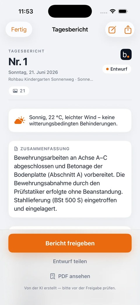 Tagesbericht in der bautagebuch-App mit KI-Zusammenfassung